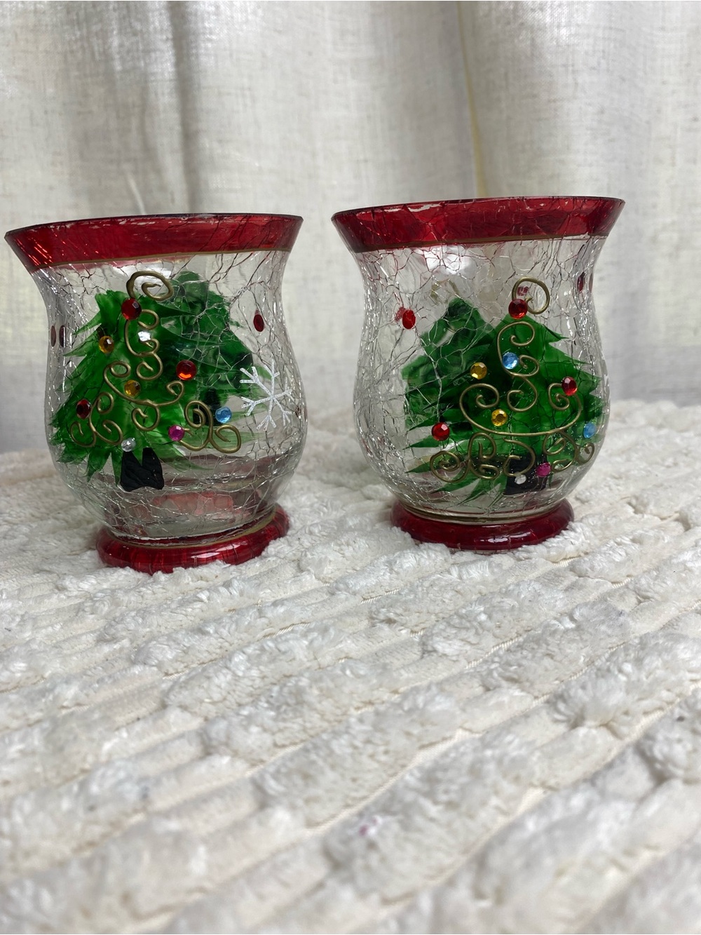 Vtg Crackle Glass Christmas Tree Votive Candle Holders Rhinestone Ornaments 4"